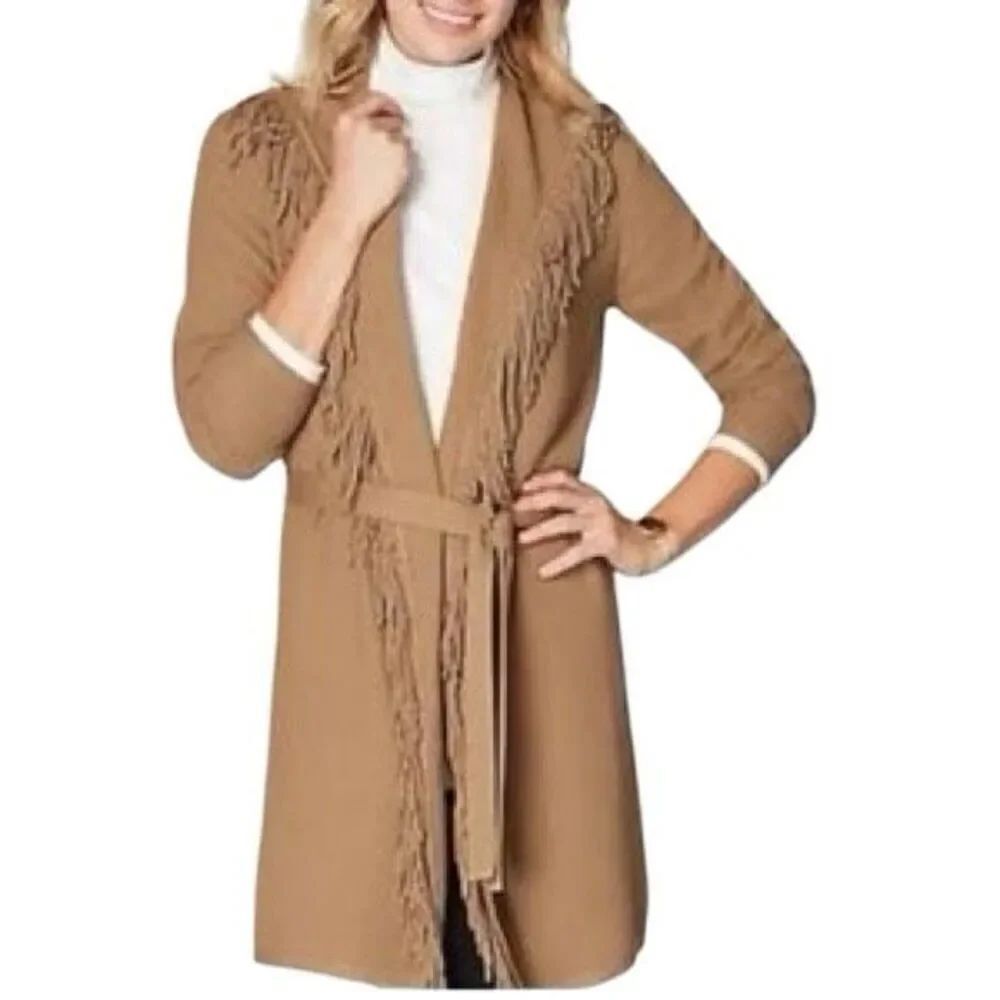 J. Jill Open Cardigan Sweater Tan Fringed Size S Casual, Boho, Layering